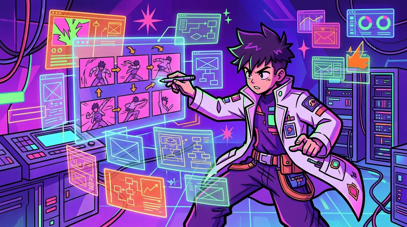 Cartoon engineer reviewing AI storyboard tool panels on multiple holographic screens