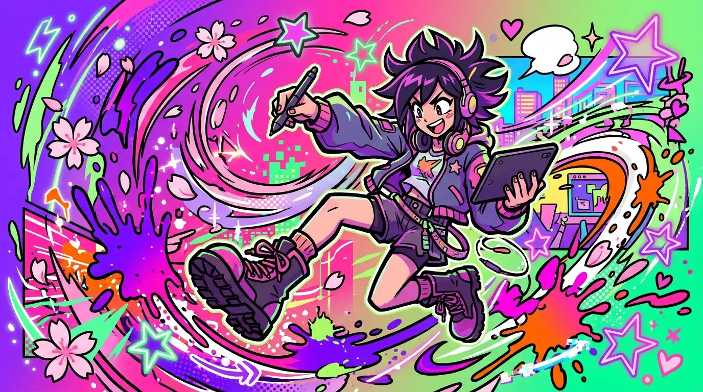 Indie creator in manga style with swirling anime elements and neon sakura petals