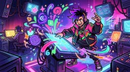 Cartoon director at AI command center spawning motion design graphic elements