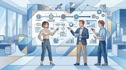 Team using AI storyboard blocks and chart data on a whiteboard in a geometric blue illustration