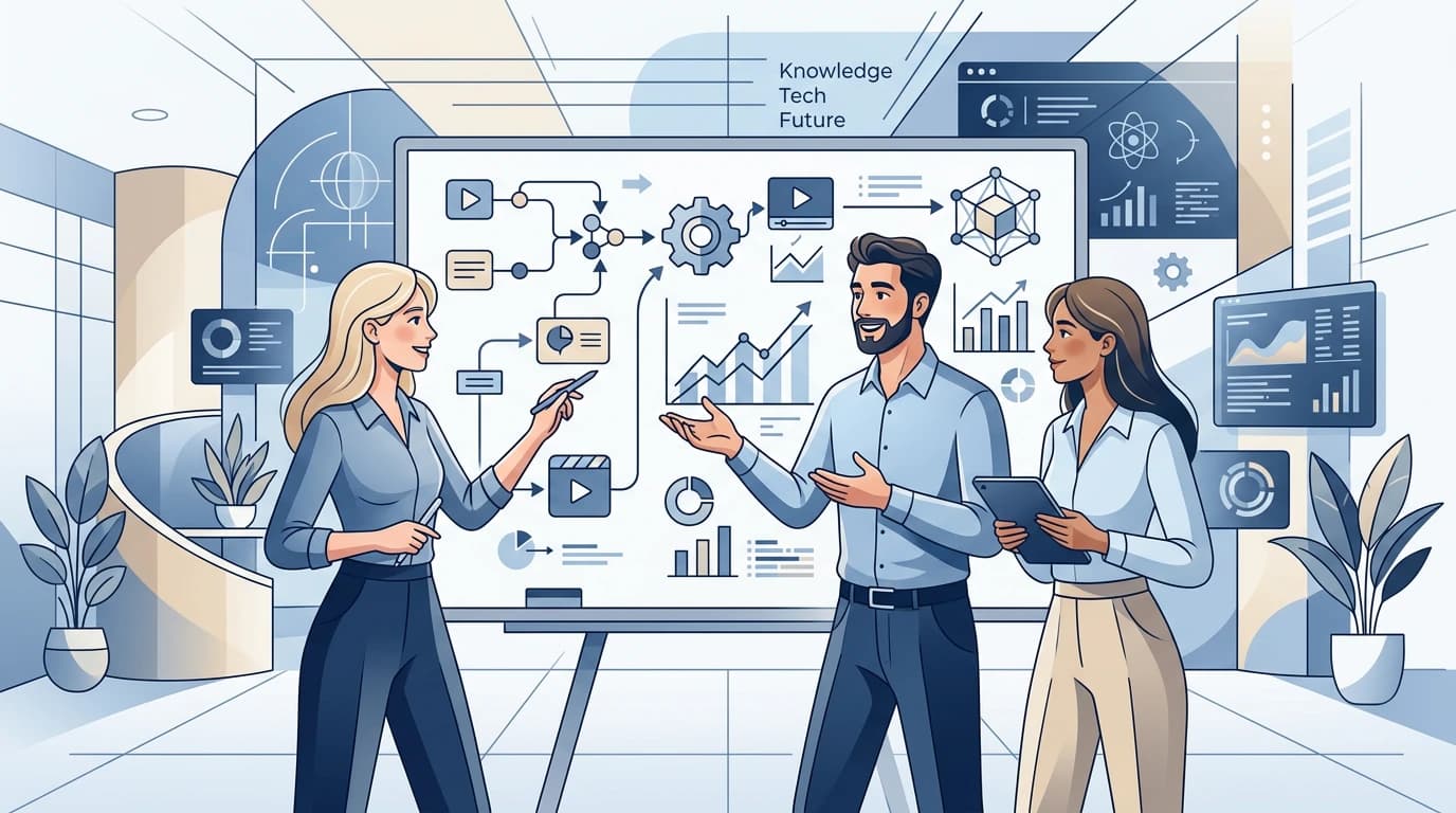 Three young professionals planning an AI video creator workflow in a clean geometric blue illustration
