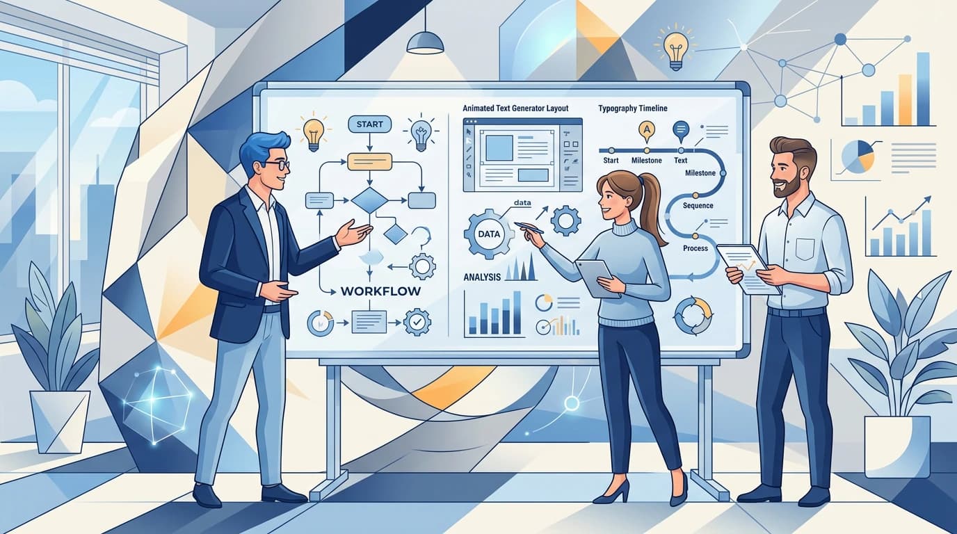 Team discussion around animated text layouts and timeline flow in a clean geometric blue illustration