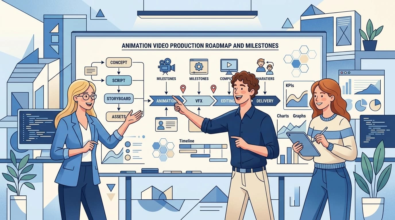 A geometric blue business illustration showing three professionals mapping an animation video pipeline on a whiteboard