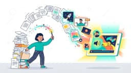 Laptop and documents on a wooden desk for document to video workflow