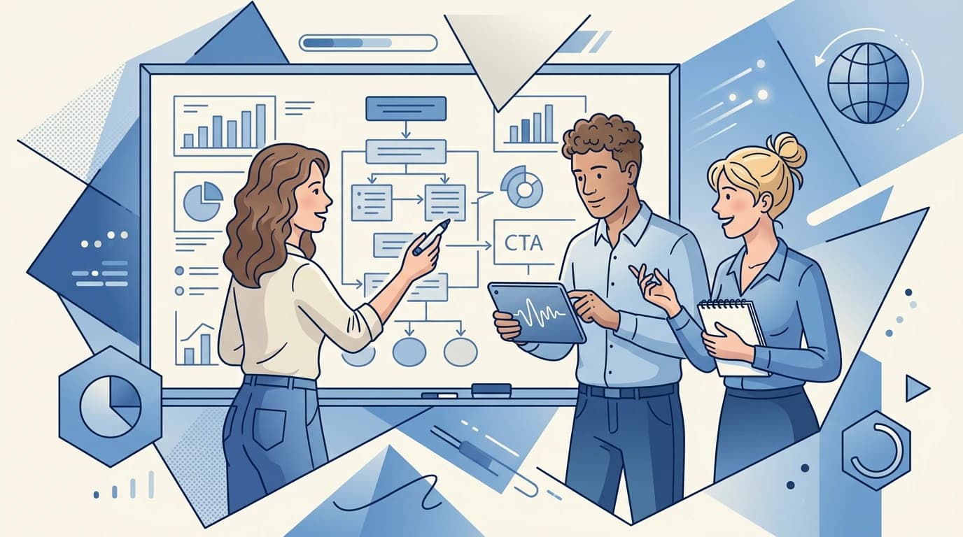 Three young professionals designing an explainer video flow with charts and process blocks in a clean blue illustration