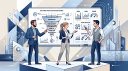 Business illustration of a team discussing explainer video strategy with data panels and workflow charts