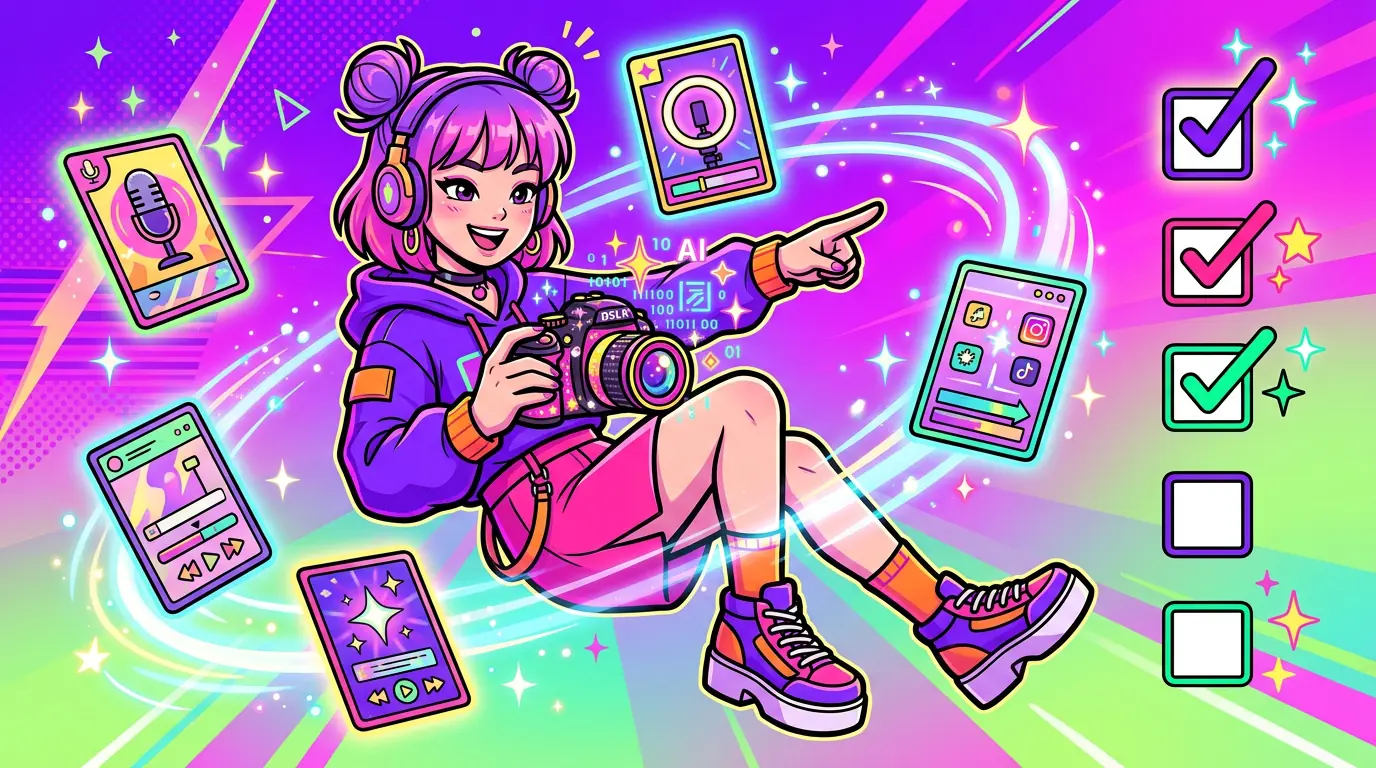 Cute cartoon YouTuber filming with step-by-step AI video checklist and sparkles