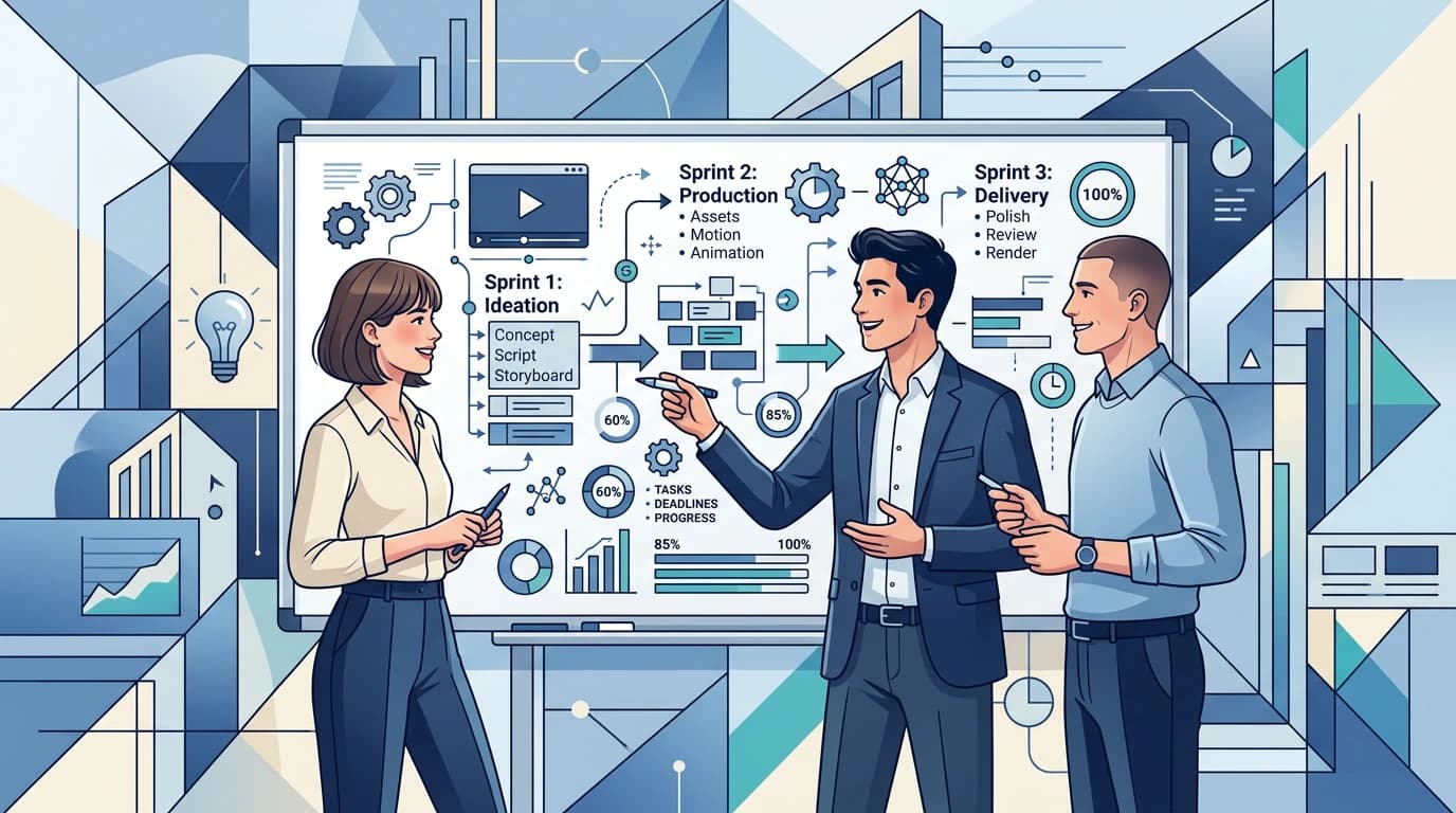 Modern blue-toned illustration of a team rapidly planning animated video scenes and timeline blocks