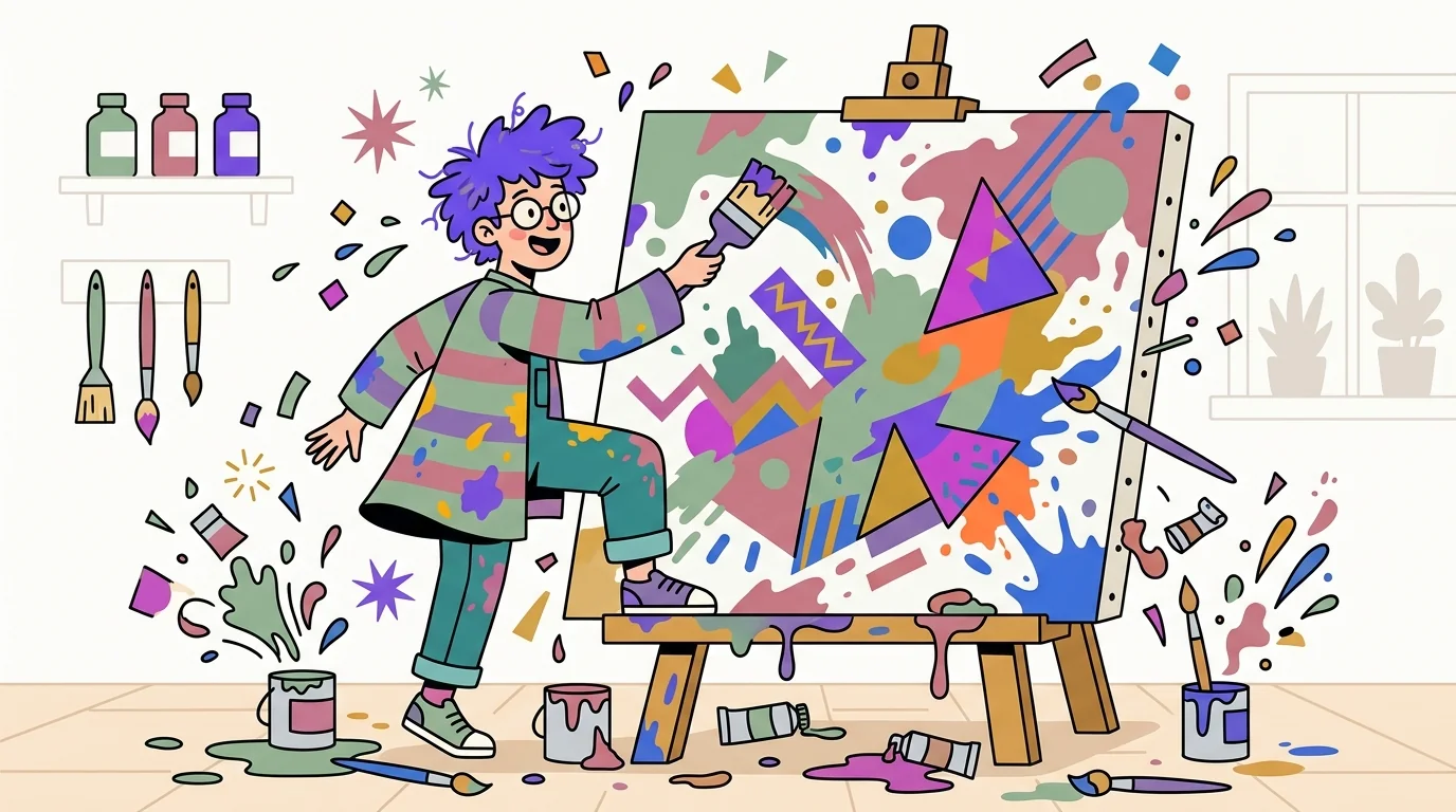 Layered geometric indie aesthetic in sage green dusty rose and electric indigo bold composition