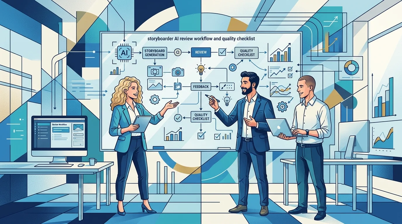 Three young professionals reviewing AI storyboard outputs, metrics, and flow diagrams in a blue business illustration