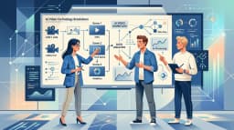 A collaborative team standing by a whiteboard with storyboard frames, analytics charts, and process arrows in blue style