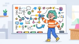Hand drawing colorful diagrams on a clean whiteboard with playful stick figures and arrows