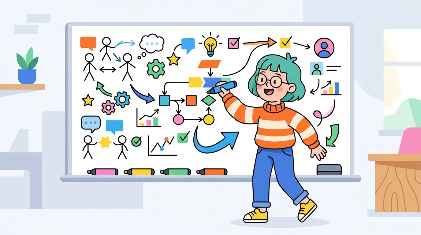 Hand drawing colorful diagrams on a clean whiteboard with playful stick figures and arrows