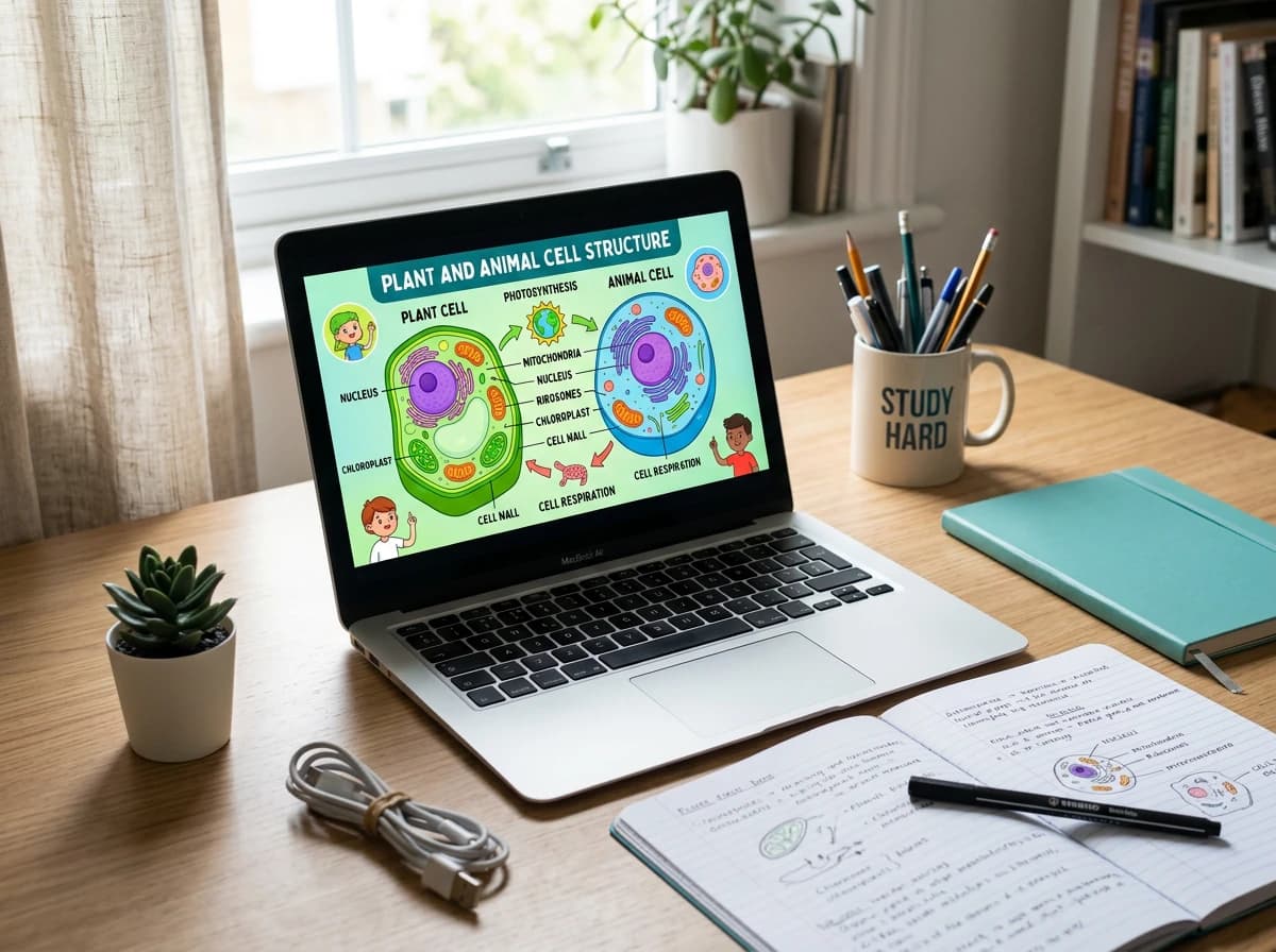 Animated educational video playing on screen with colorful concept diagrams